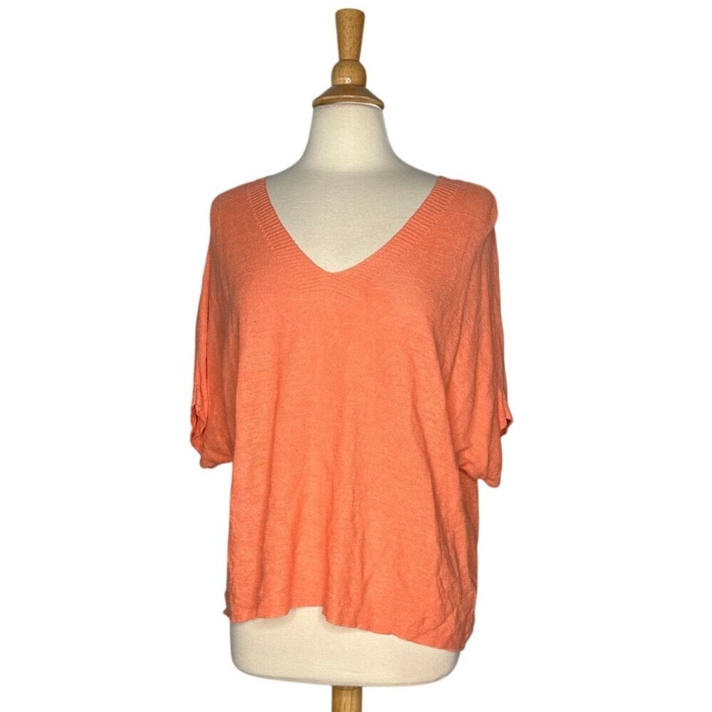Eileen Fisher Linen V Neck Lightweight Coral Orange Blouse Beachy Minimalist